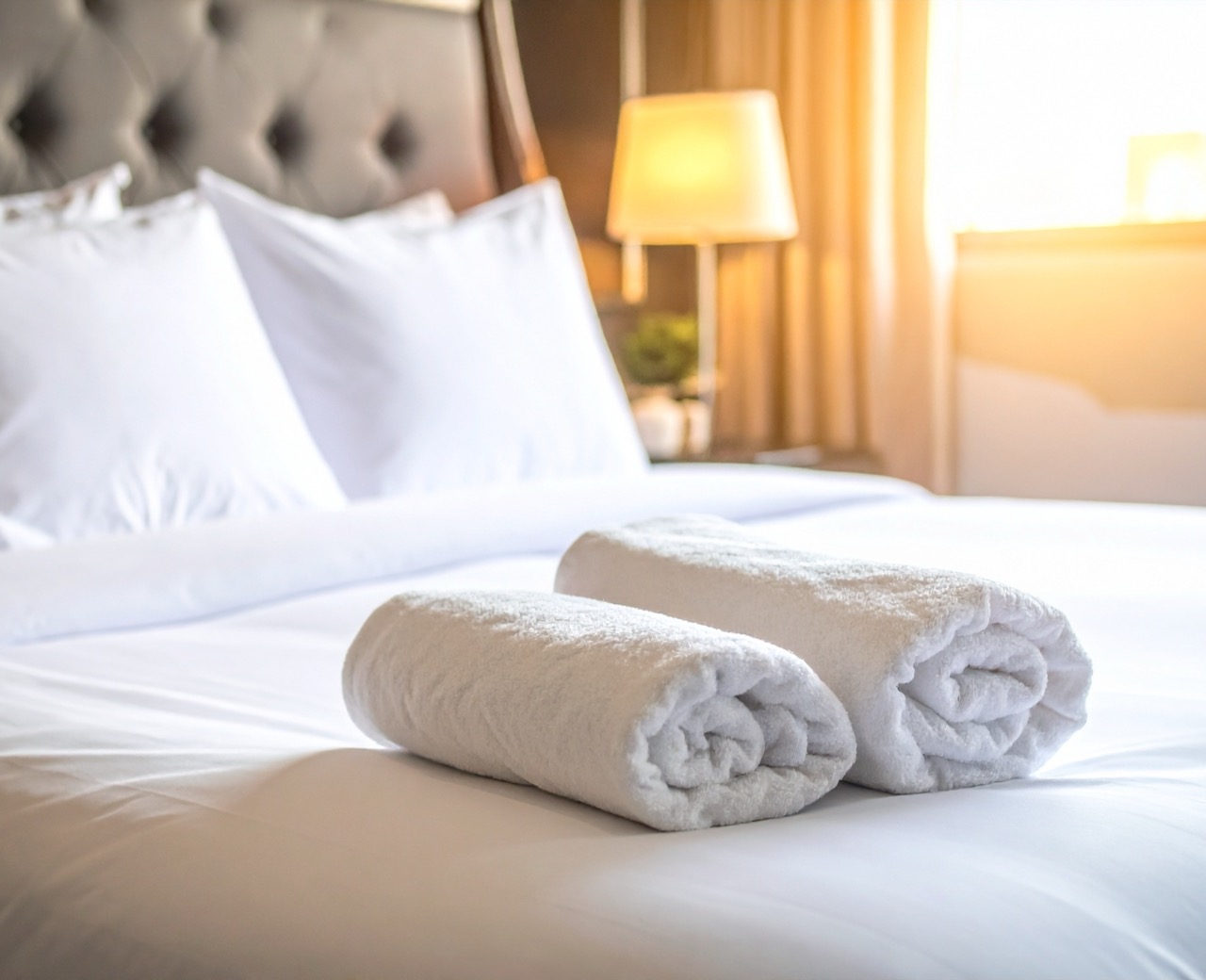 Folded towels on a bed at the snooty fox hotel.