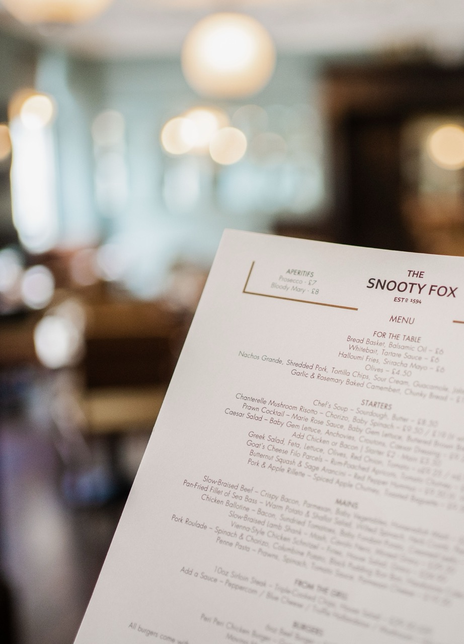Menu in front of the restaurant at the snooty fox hotel